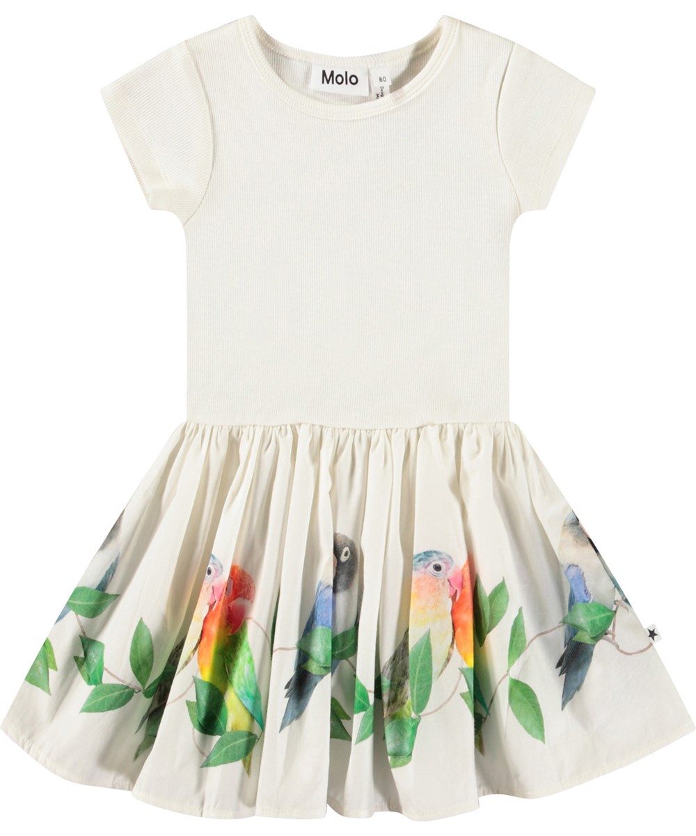 Carin - Birdies - Dress for baby in organic cotton. The dress is white with a print of small parrots.