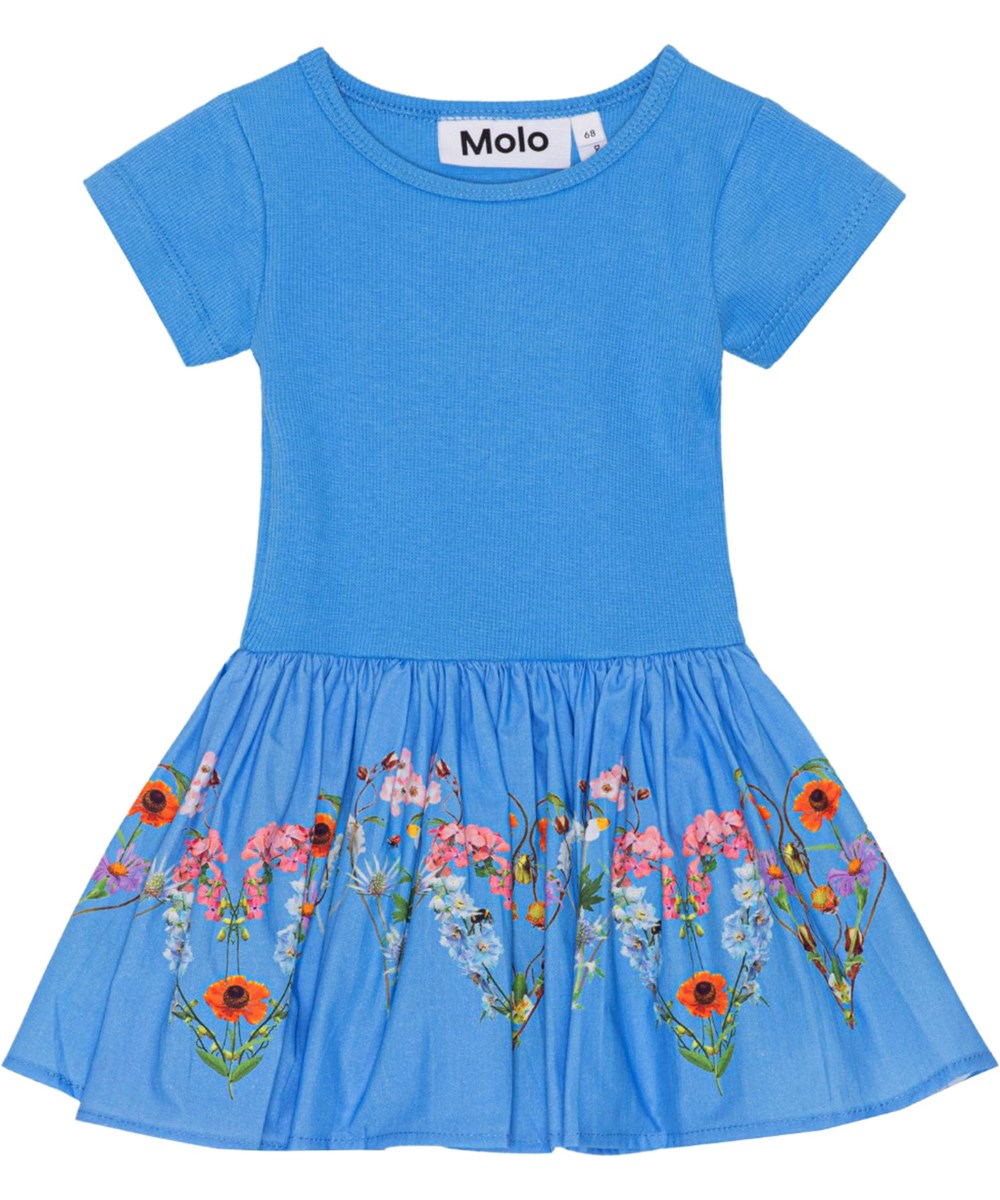 Carin - Little Garden - Blue, organic baby dress with printed skirt 