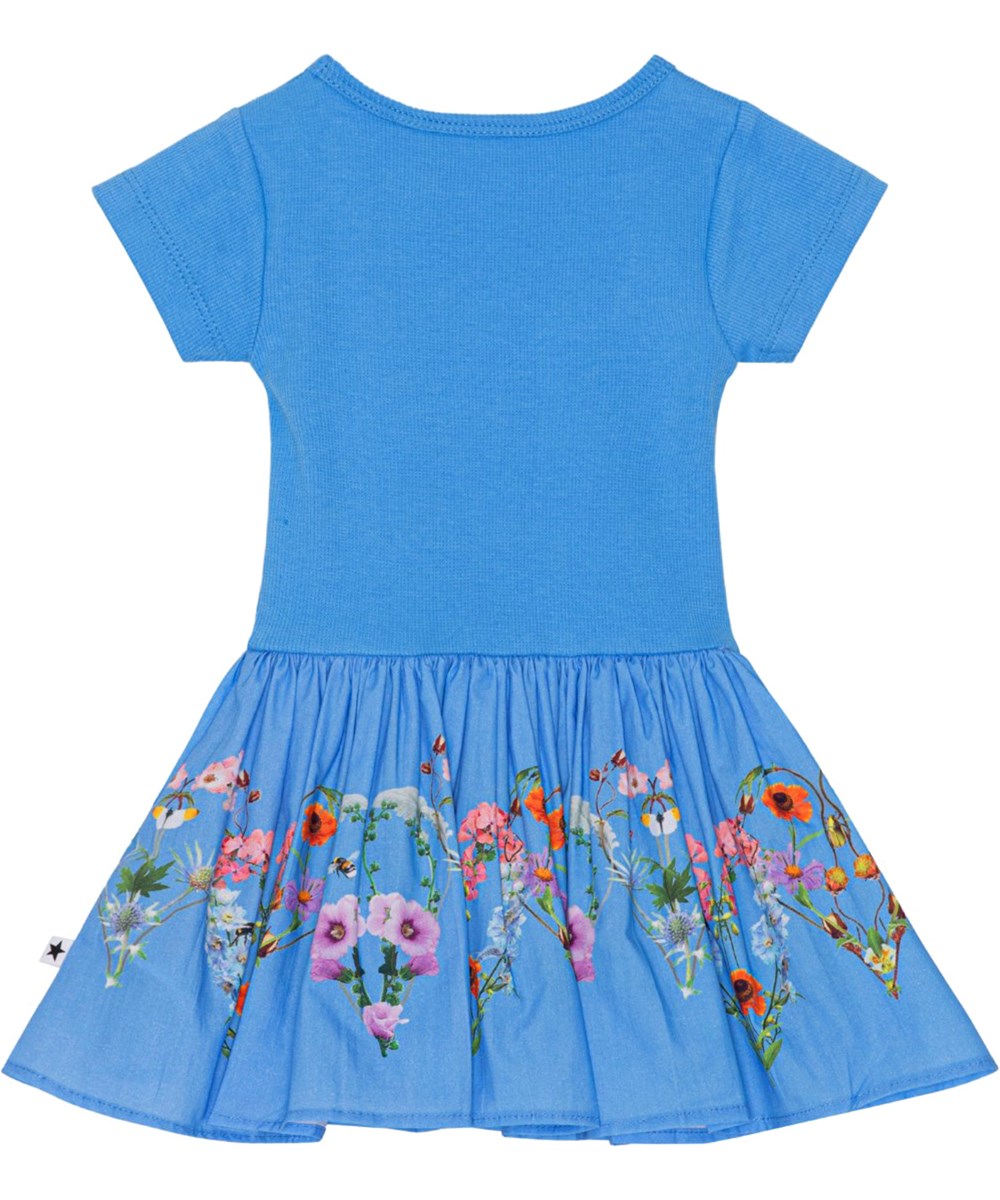 Carin - Little Garden - Blue, organic baby dress with printed skirt 
