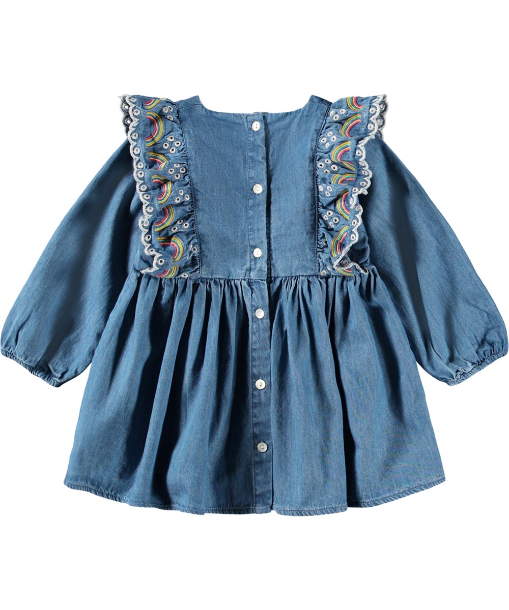 Carlene - Wonder Rainbow - Blue, long-sleeved dress for the little ones with ruffles and embroidery