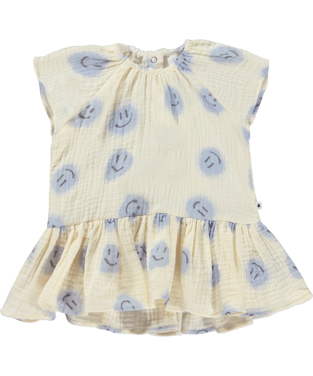 Carolina - Crisp Smiles - White baby dress with blue smiling faces