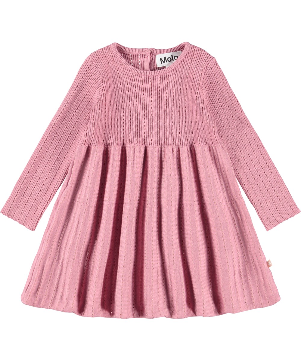 Cass - Fox Glove - Rose long-sleeved, knitted dress for the little ones made organic cotton with metallic thread.
