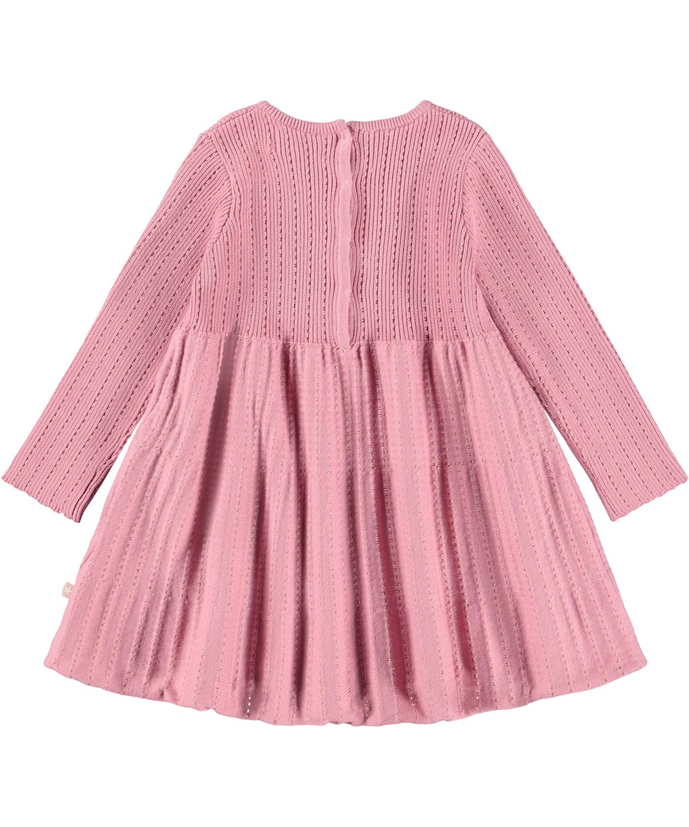 Cass - Fox Glove - Rose long-sleeved, knitted dress for the little ones made organic cotton with metallic thread.