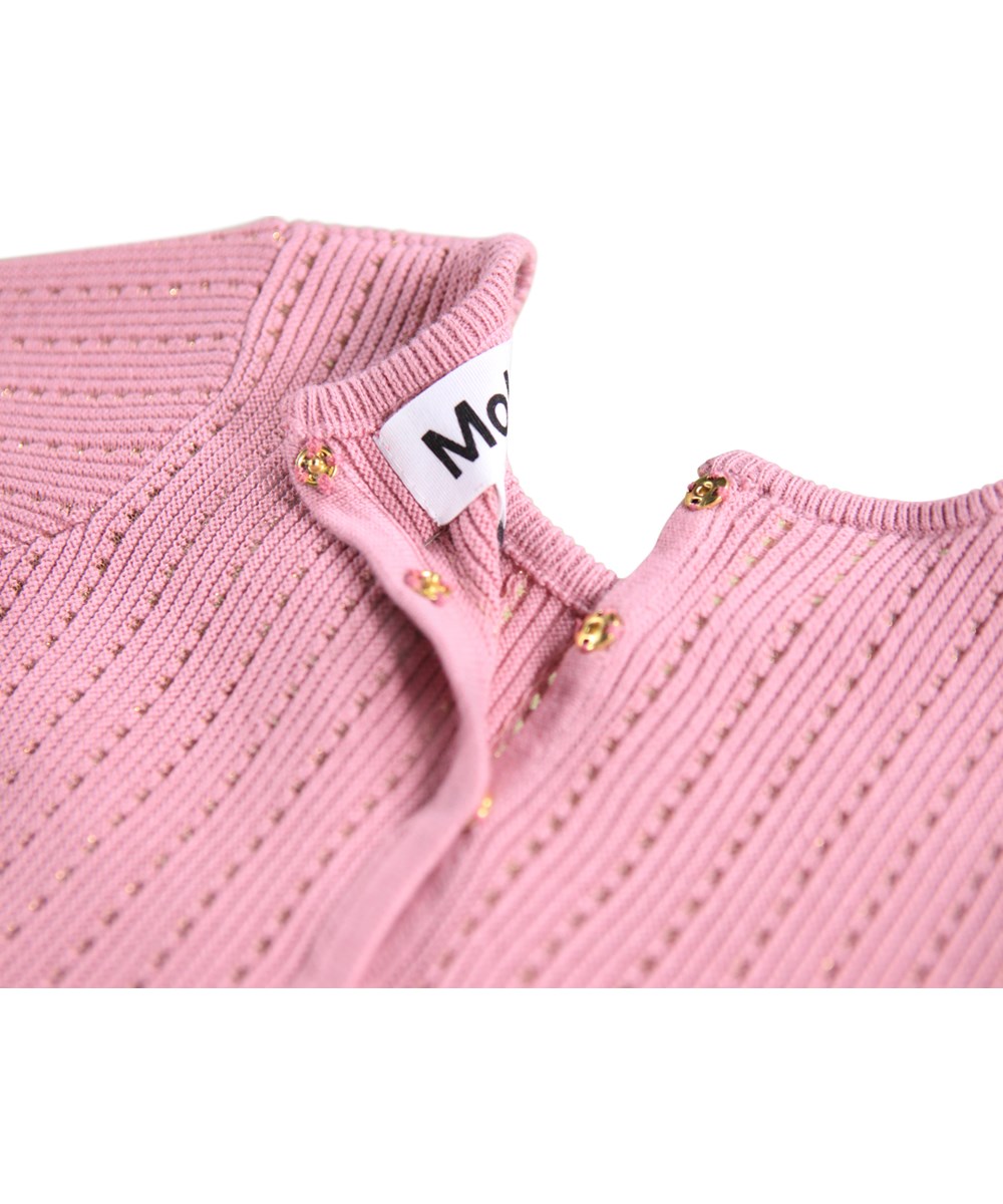 Cass - Fox Glove - Rose long-sleeved, knitted dress for the little ones made organic cotton with metallic thread.