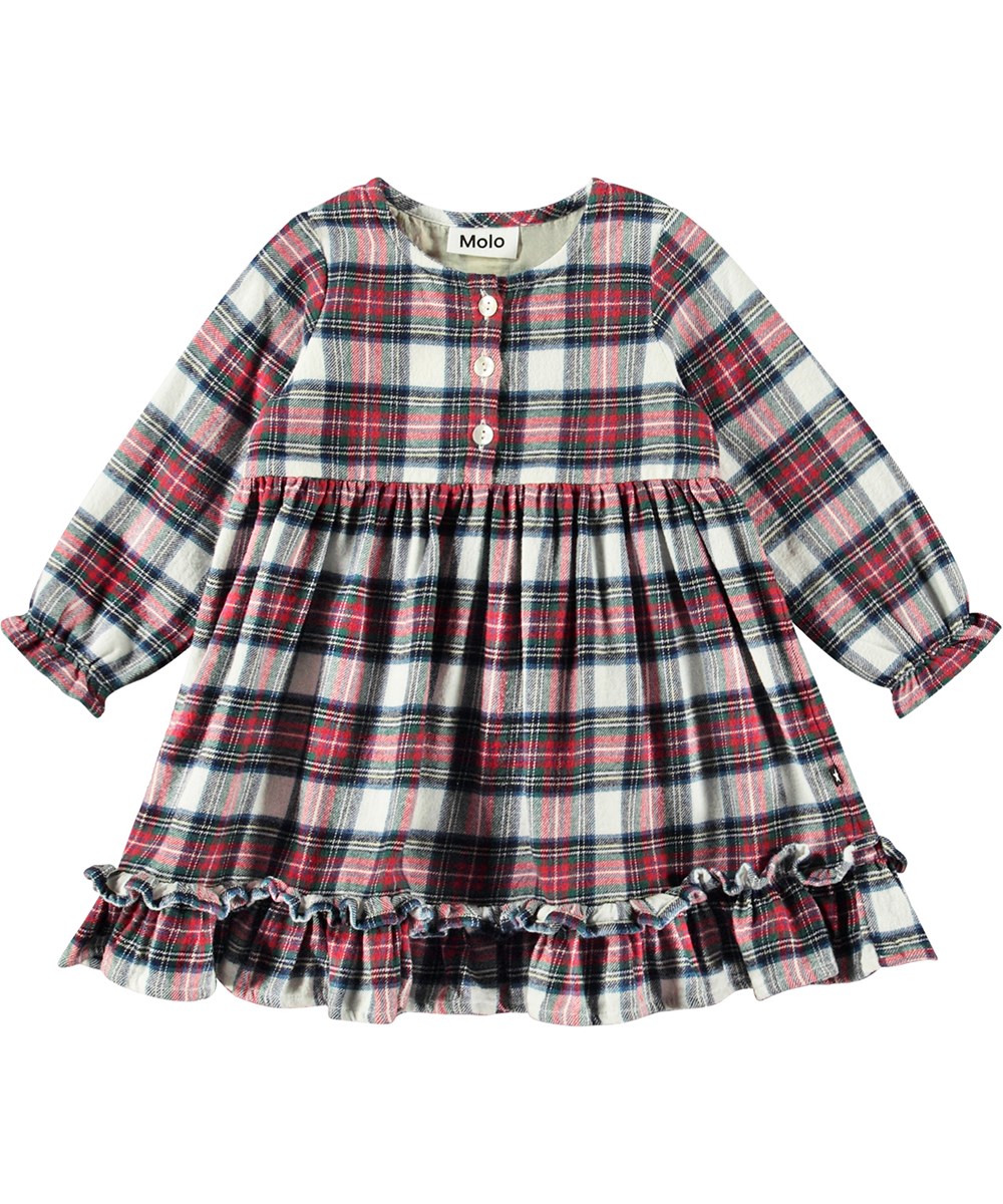 Cele - Pine Check - Plaid dress in organic cotton with ruffle edges.