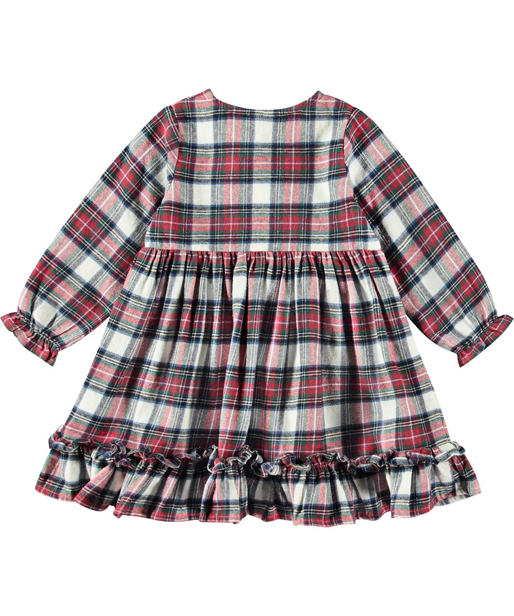 Cele - Pine Check - Plaid dress in organic cotton with ruffle edges.