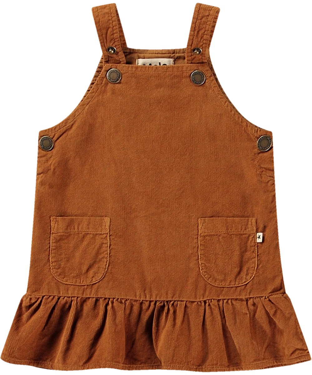Celina - Brown Sugar - Brown corduroy smock dress in soft organic cotton with ruffle edge.
