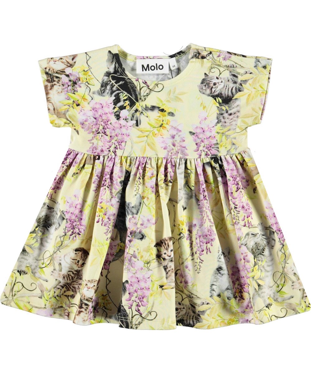 Channi - Clumsy Cuteness - Light yellow organic baby dress wisteria kittens