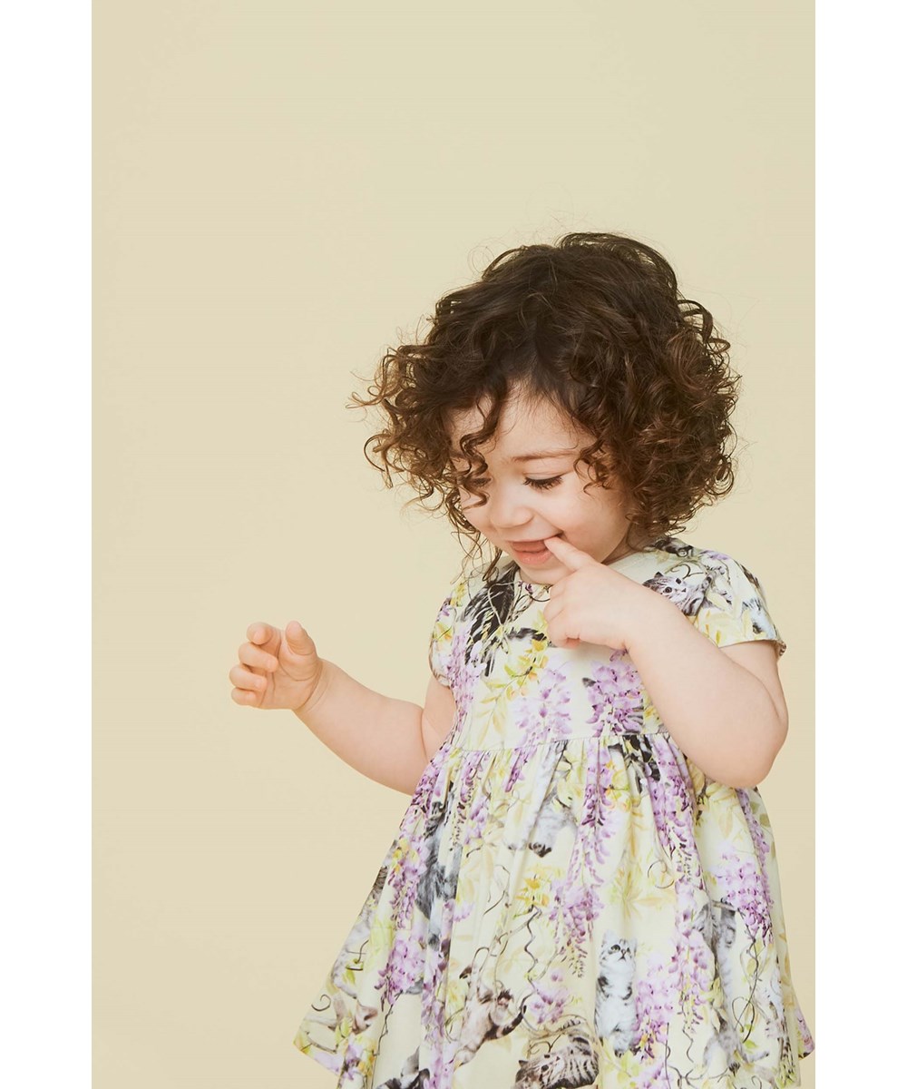 Channi - Clumsy Cuteness - Light yellow organic baby dress wisteria kittens
