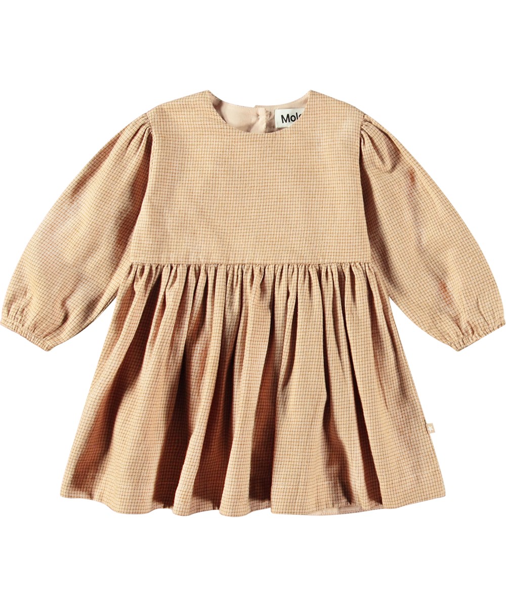 Chantelle - Sugar Check - Beige checkered dress for little ones made of organic cotton.