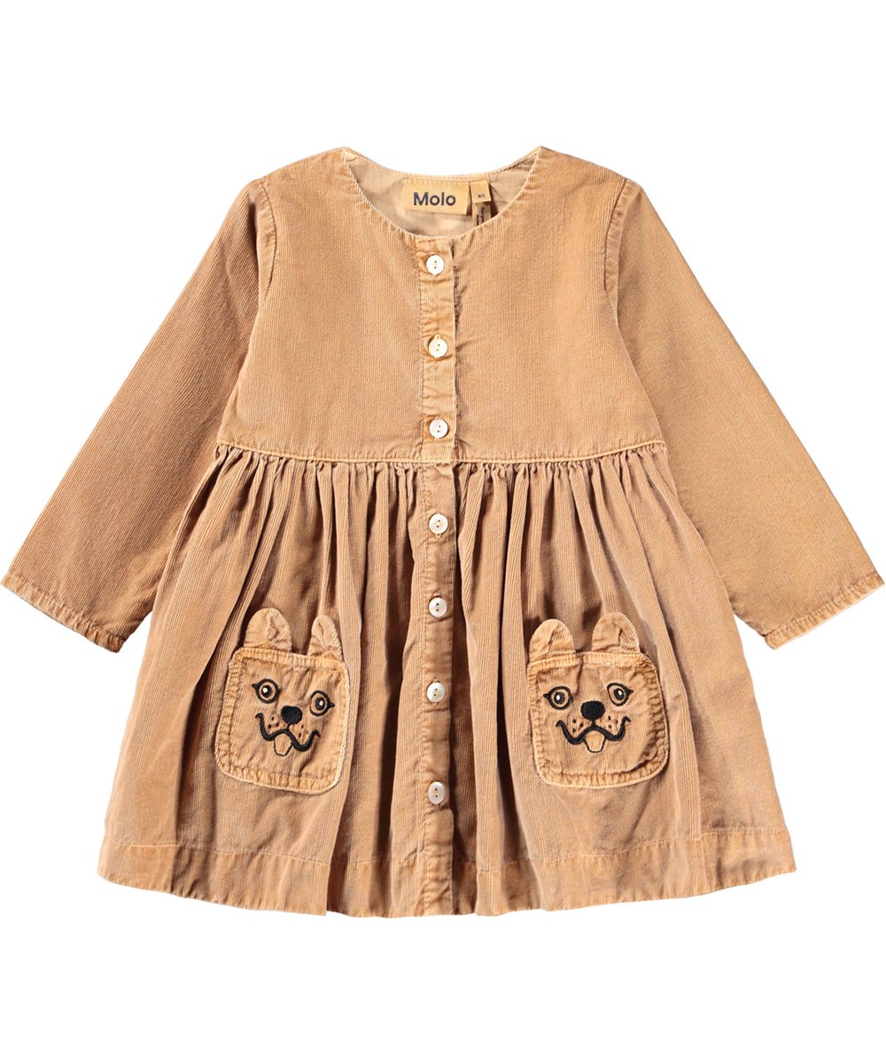 Charlie - Pomeranian - Light brown dress for the little ones made of soft organic cotton velvet with dog pockets.