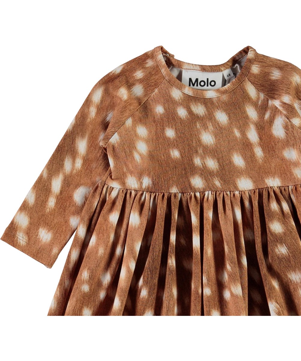 Charmaine - Baby Fawns - Organic baby dress in brown with white spots