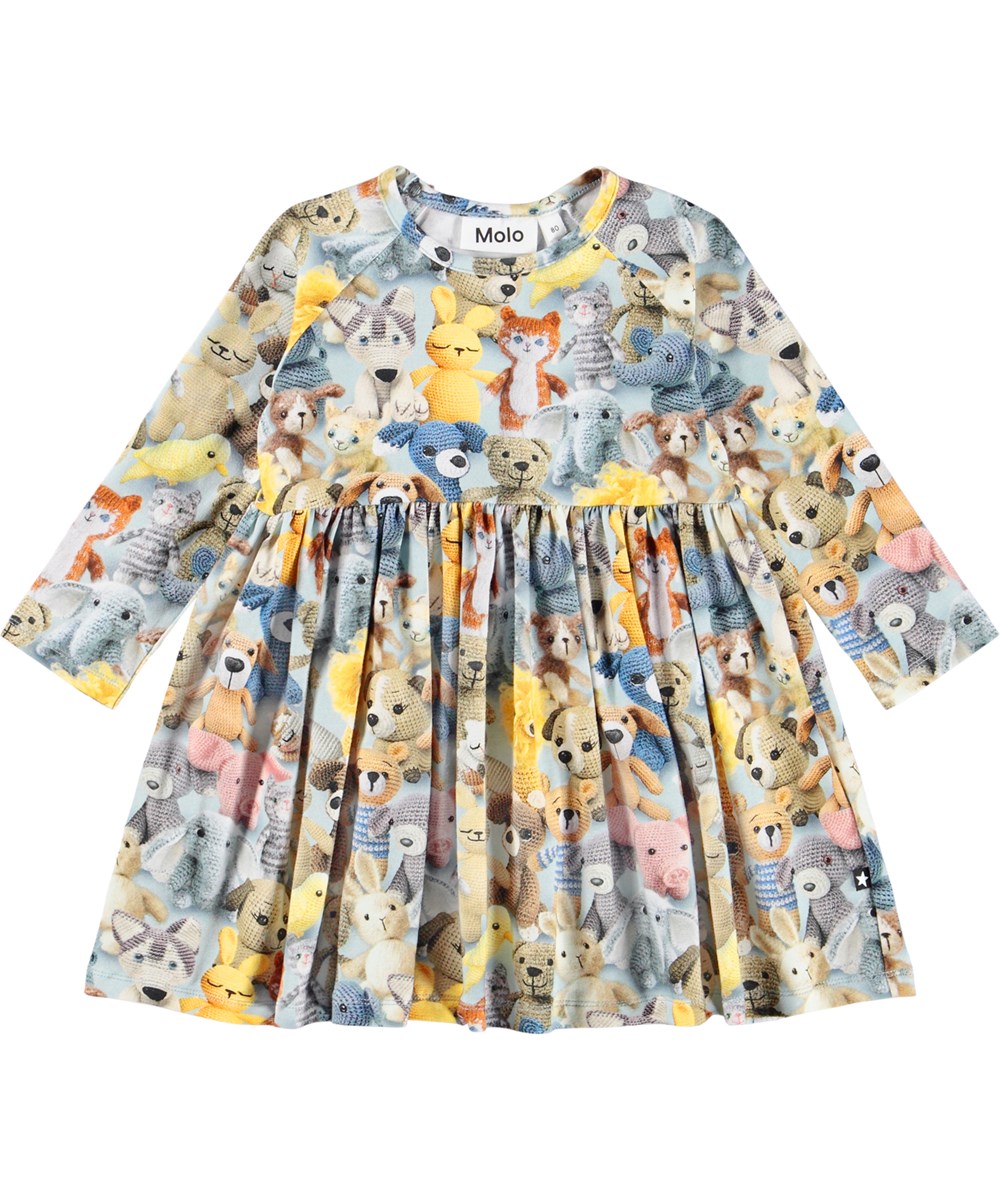 Charmaine - Crochet Cuties - Long-sleeved light blue dress for the little ones made of organic cotton with a print of cute crocheted teddy bears.