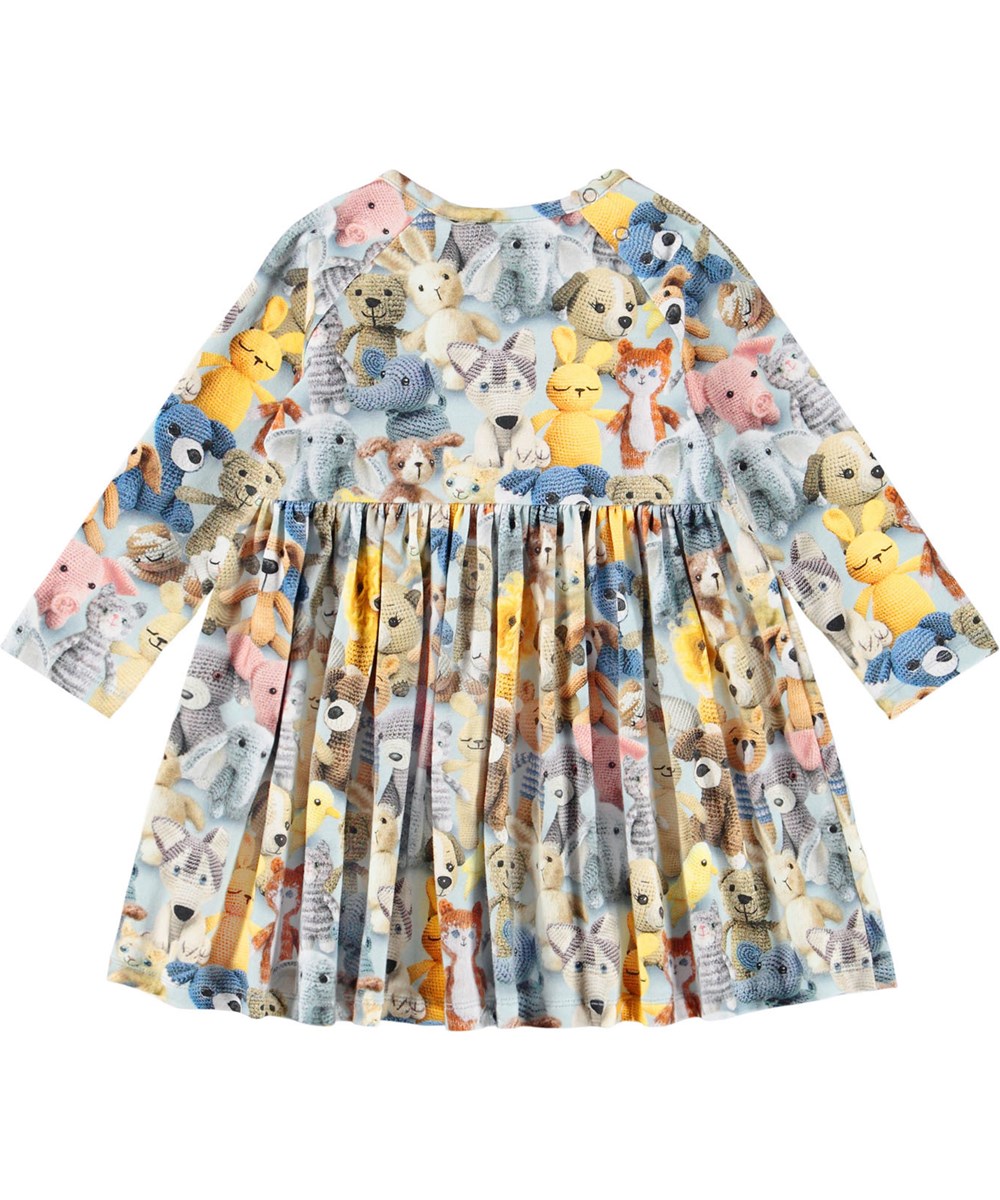 Charmaine - Crochet Cuties - Long-sleeved light blue dress for the little ones made of organic cotton with a print of cute crocheted teddy bears.