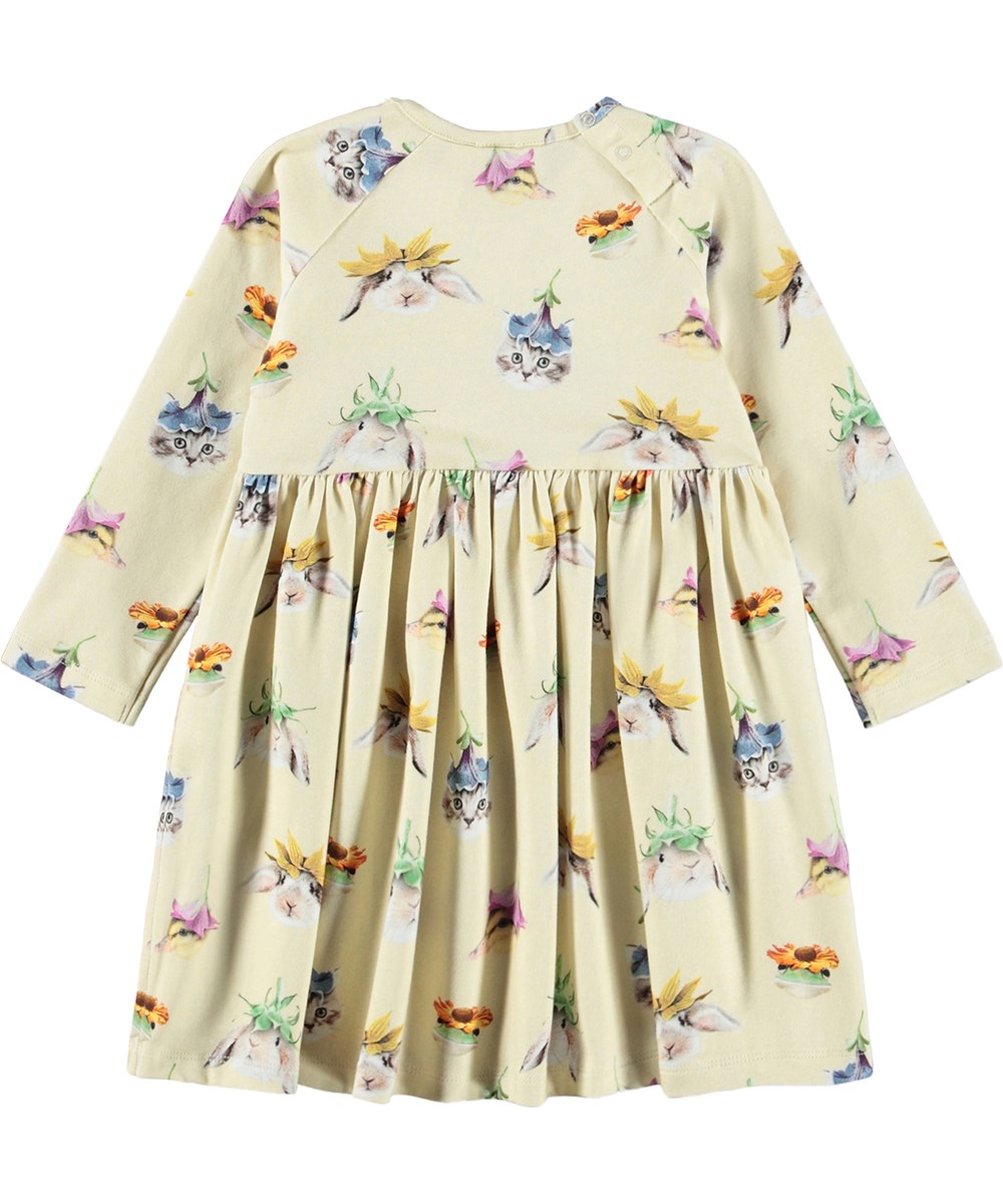 Charmaine - Floral Fun Baby - Yellow, long-sleeved dress for the little ones with an animal print