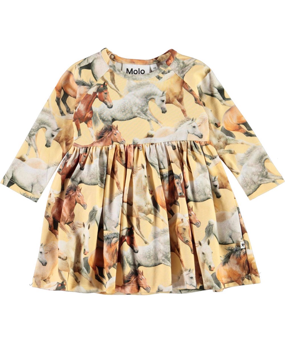 Charmaine - Horse Dreams Baby - Yellow organic baby dress with horses 