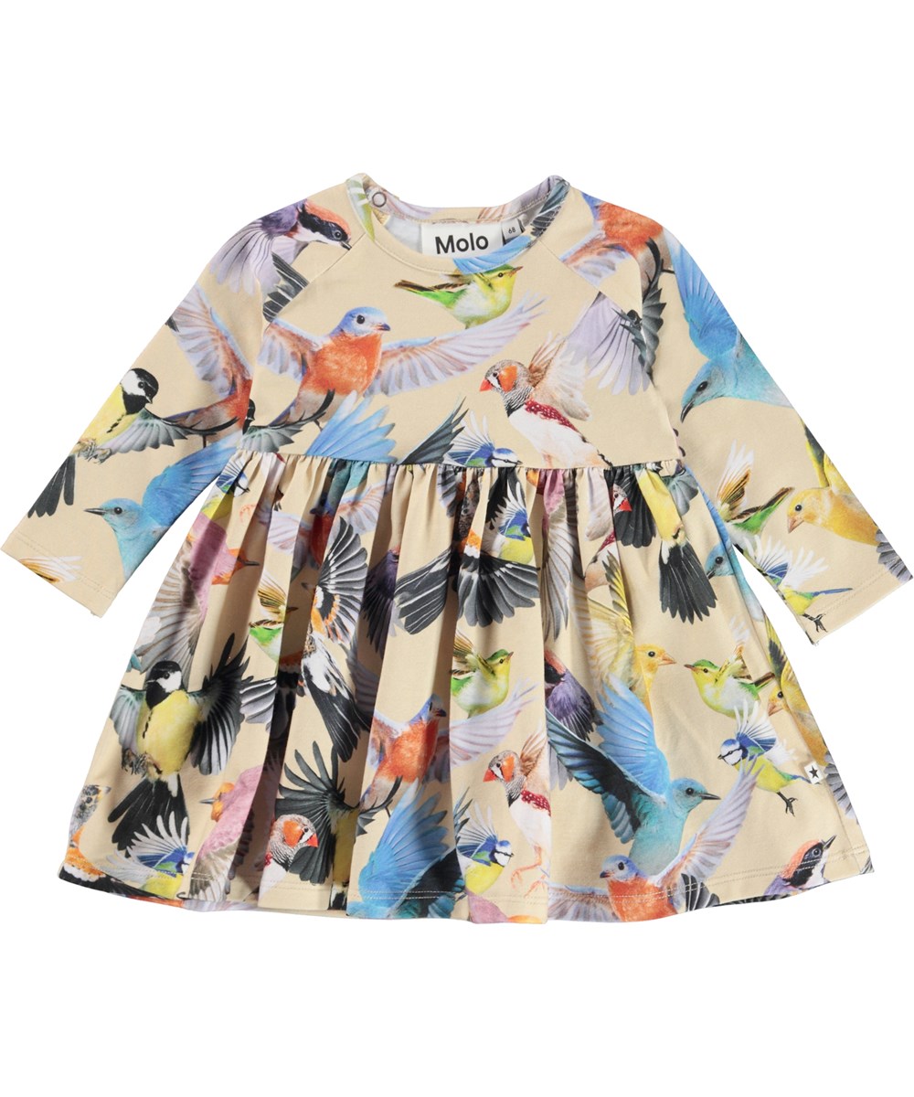 Charmaine - Whimsical - Light yellow organic baby dress with a bird print