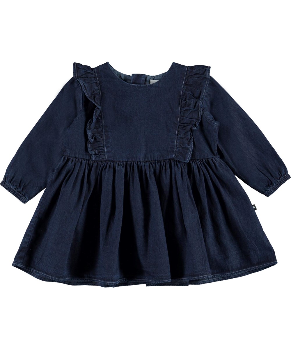 Chocho - Dark Indigo - Dark blue denim baby dress with ruffles