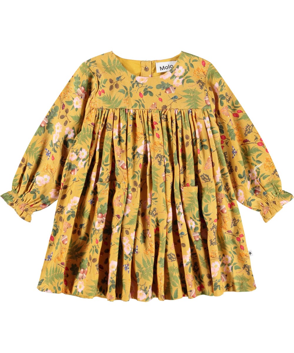 Claire - Foraging - Nice yellow dress for the little ones made of viscose with a print of flowers, berries and insects.