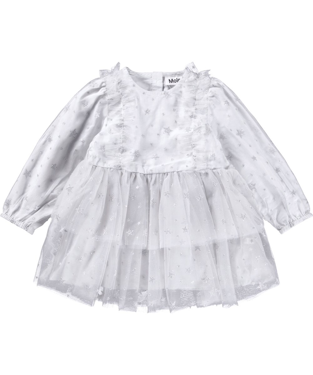 Claudette - Stardust - Festive dress for the little ones made of a fine white tulle with silver glittering stars.