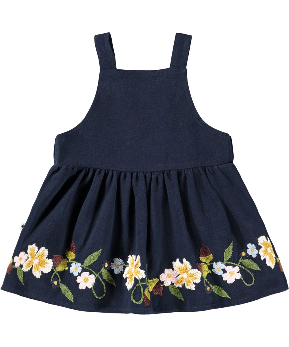 Colleena - Galaxy Blue - Nice dark blue pinafore dress for the little ones made of cotton with an embroidery of flowers and nuts.