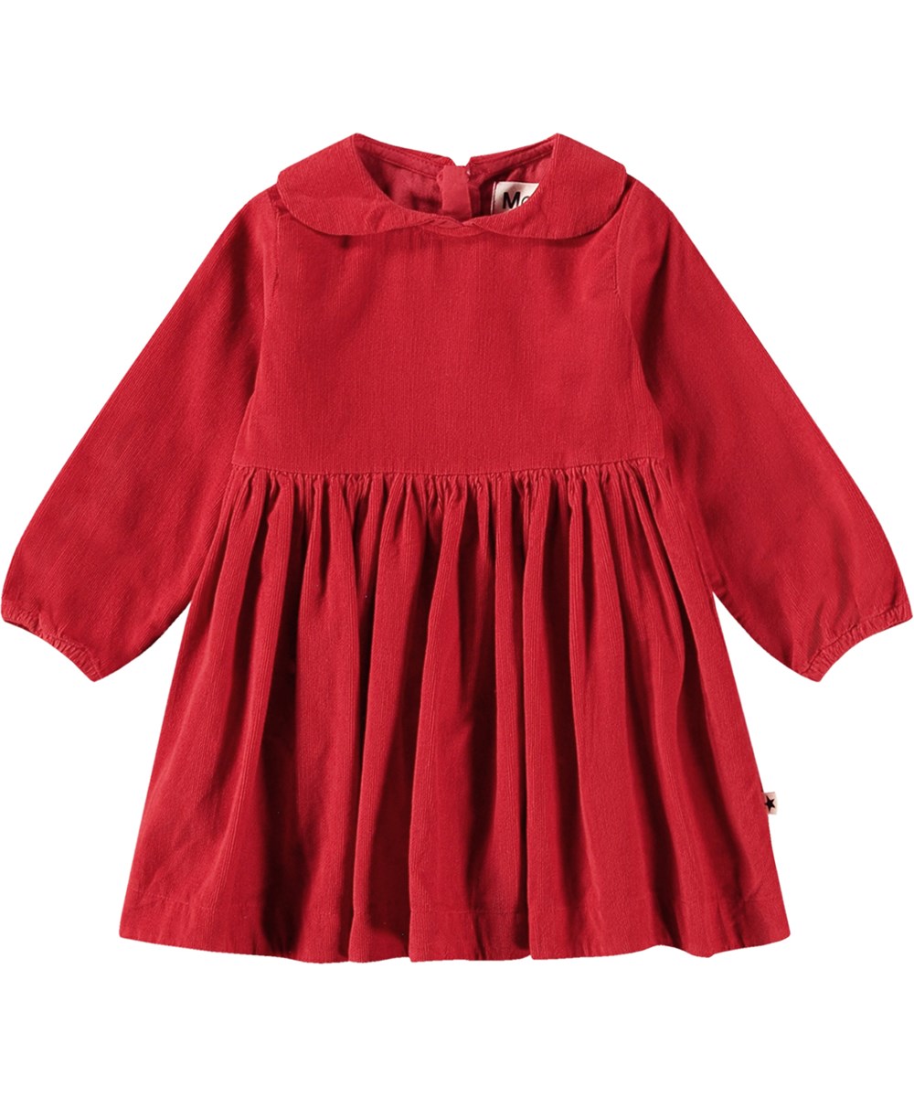 Colleta - Adrenaline Rush - Red corduroy dress for kids, knee-length, with collar and gathers.
