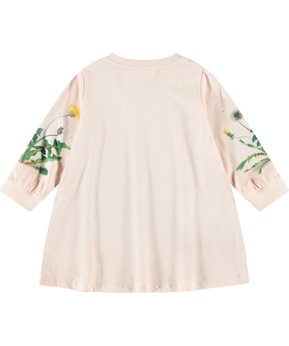 Corey - Rabbit Garden - A-line dress in organic cotton for a baby. The dress is pink with a print of rabbits and dandelions.