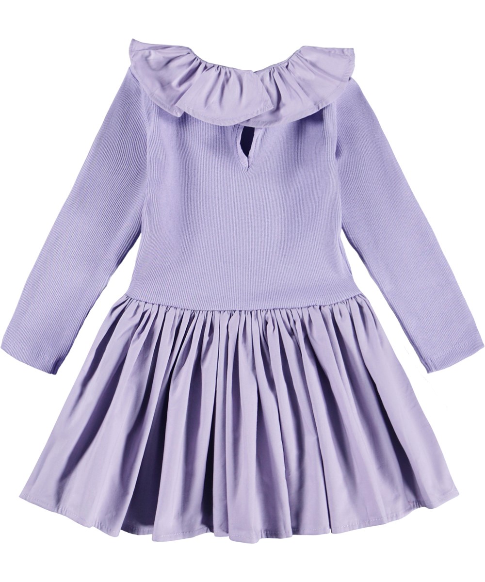 Crystala - Faded Purple - Light purple poplin dress for the little ones made of organic cotton. The top is in rib jersey and the collar and skirt in poplin.