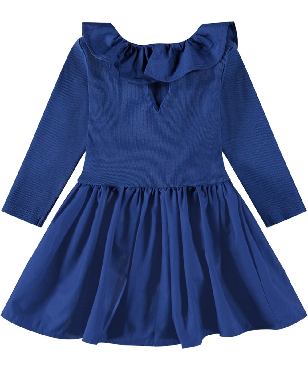 Crystala - Vibrant Blue - Navy dress in organic cotton with long sleeves, poplin collar, and voluminous skirt.