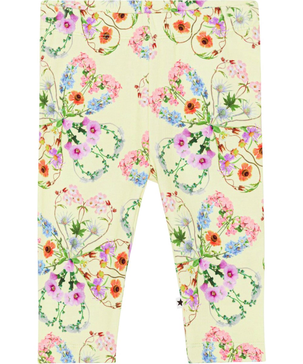 Stefanie - Flower Love - Light yellow, organic baby leggings with floral print