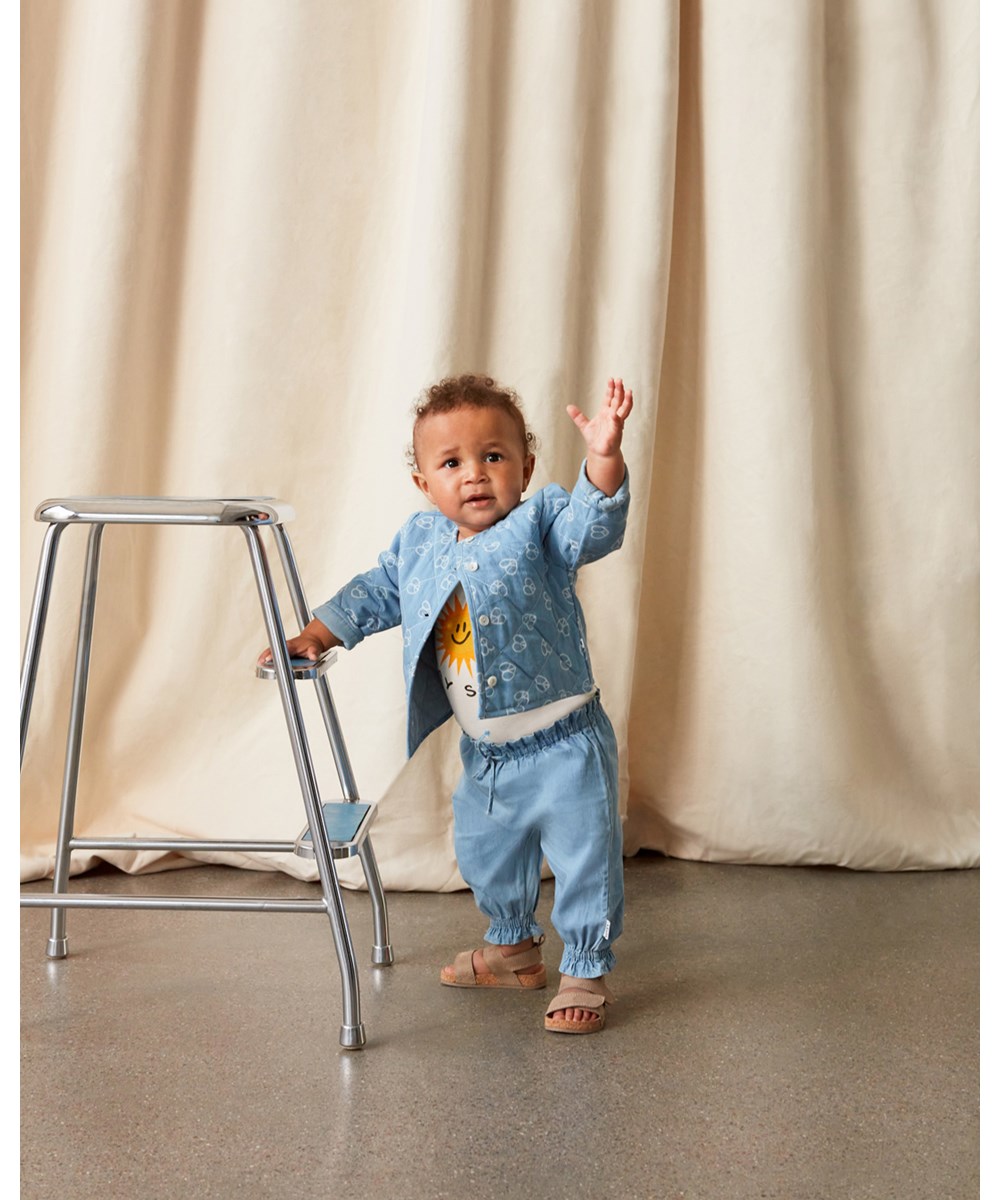 Savannah - Light Washed Blue - Long, blue baby trousers with elastic and ties 