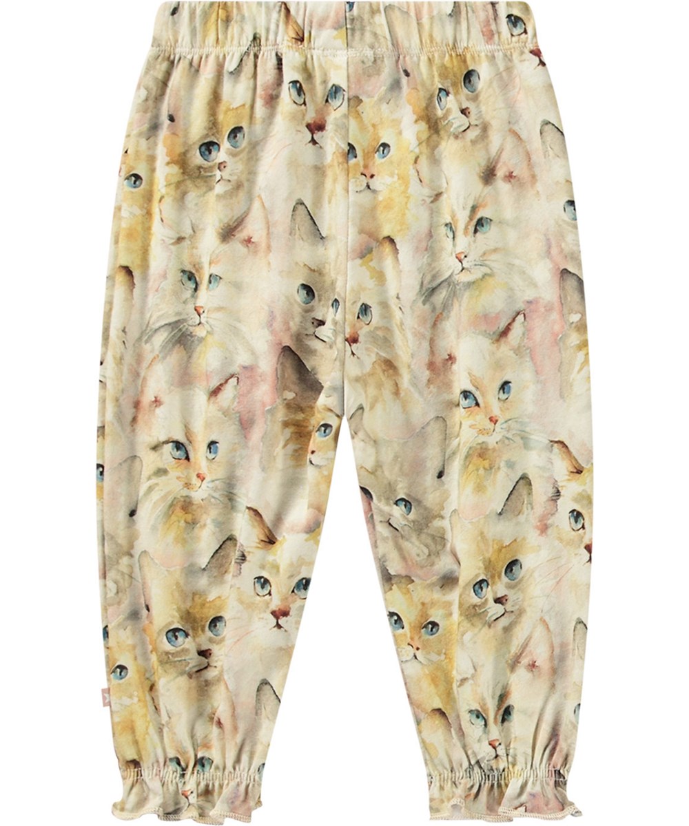 Selena - Aquarelle Cats - Pale yellow organic cotton jersey trousers with watercolour-painted cat print.