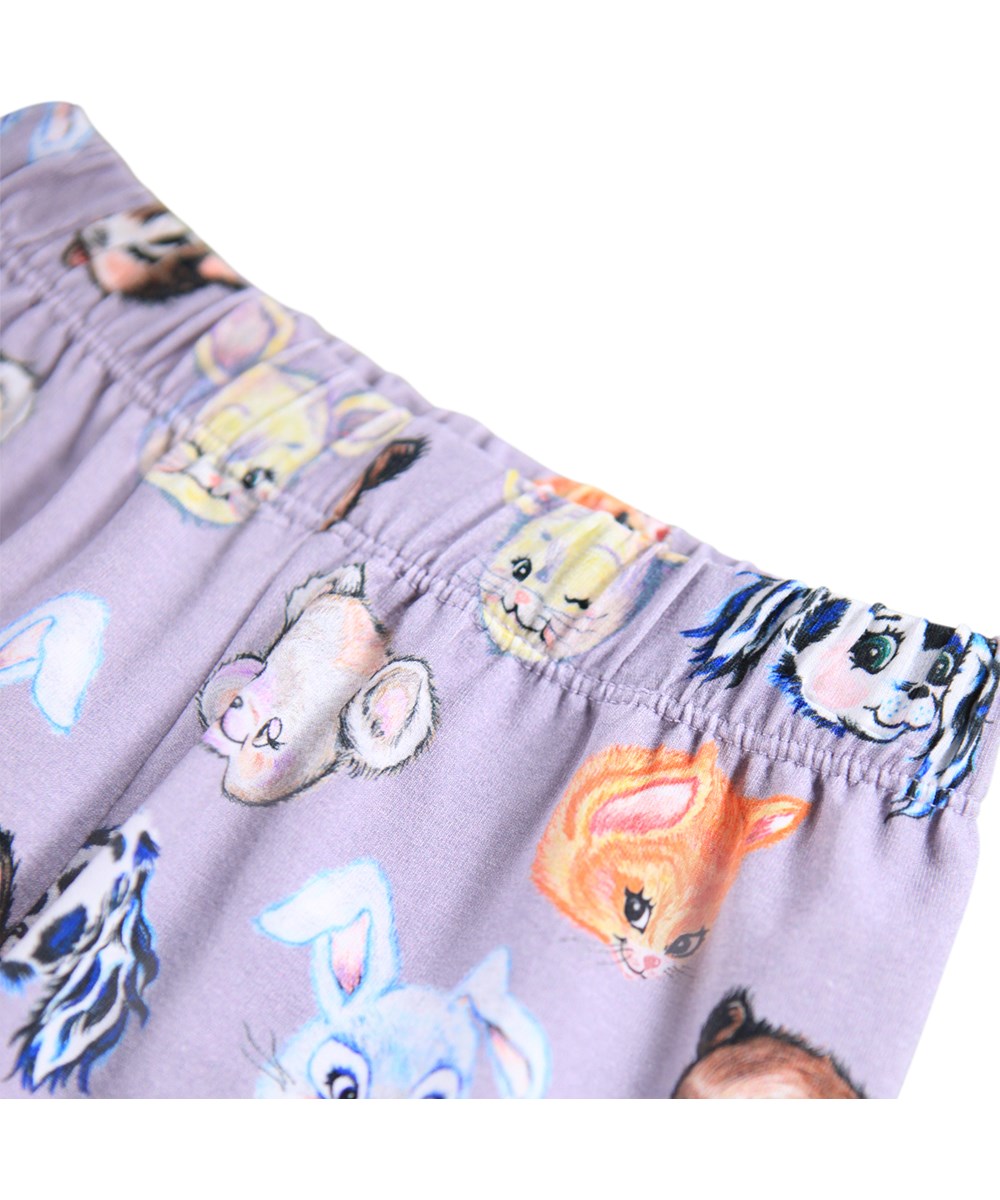 Selena - Itty Bitty - Light purple pants for the little ones made of organic cotton  with a print of drawn animals.