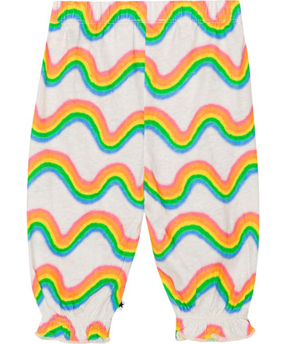 Selena - Rainbow Mini - Off-white jersey trousers for small children in organic melange cotton with a multi-coloured, all over print of Molo's iconic rainbow 