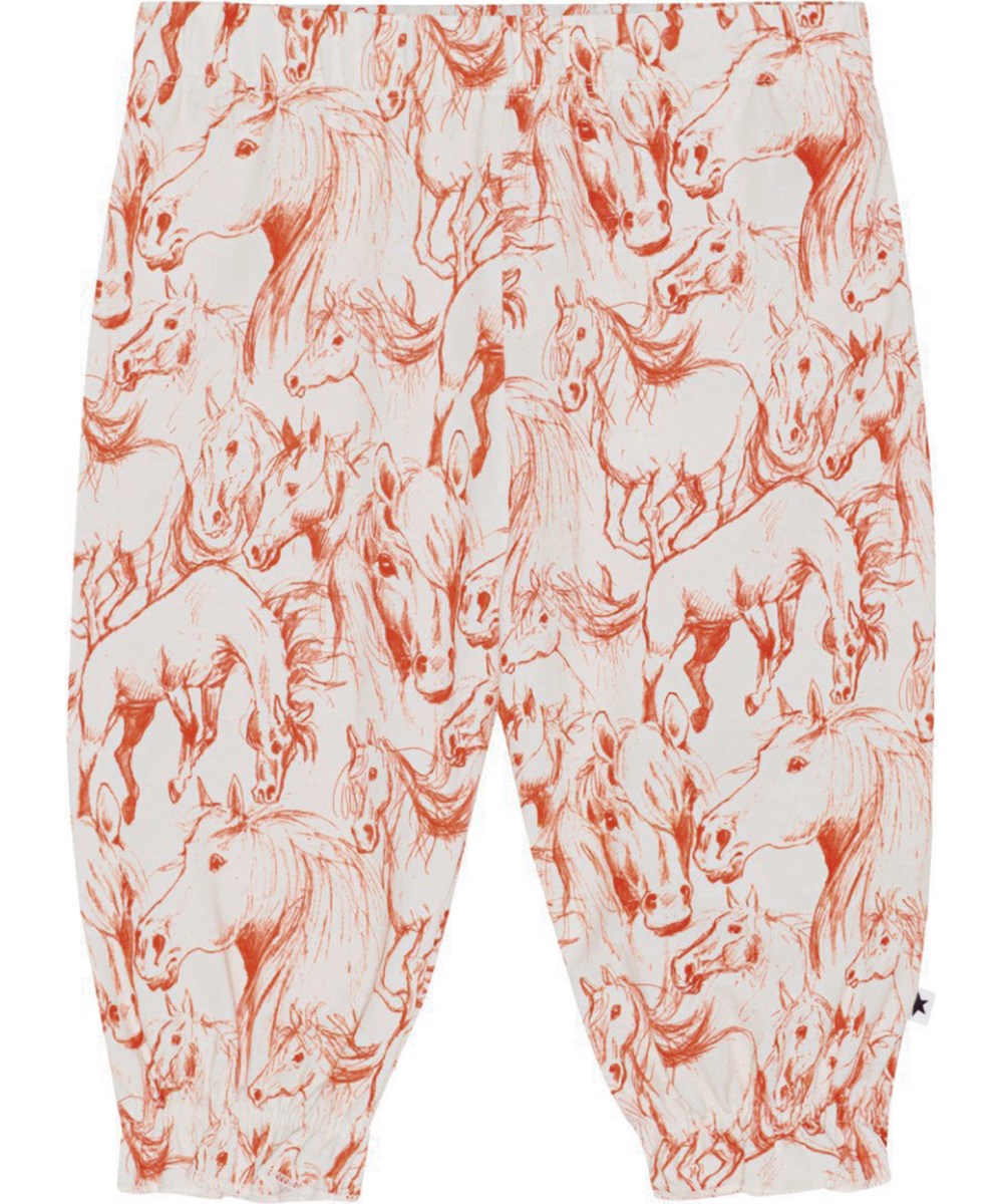 Selena - Red Horses - Off-white jersey trousers for small children in organic melange cotton with a red, all over print of hand drawn wild horses
