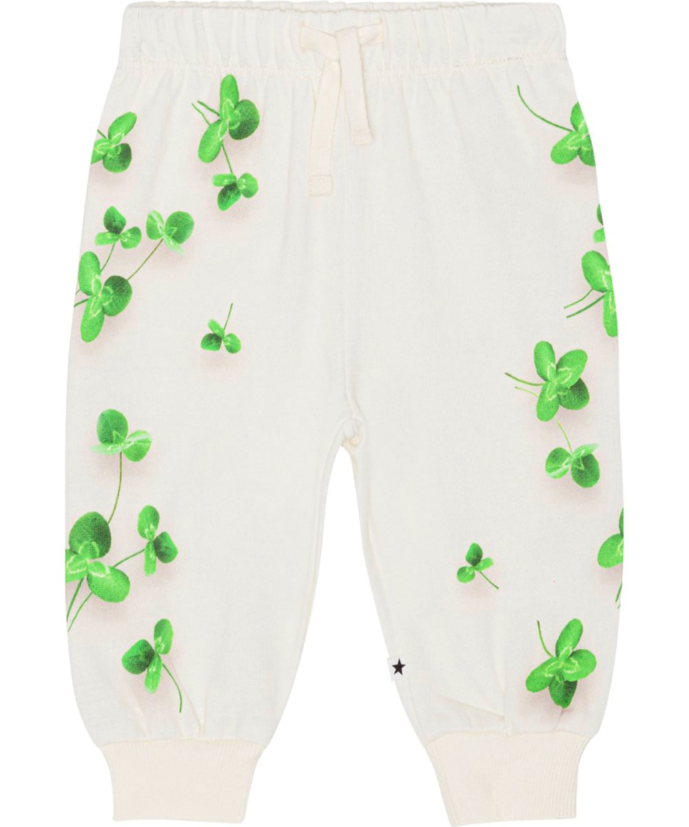 Simeon - Clovers - Off-white sweatpants for small children in organic cotton with clover print  