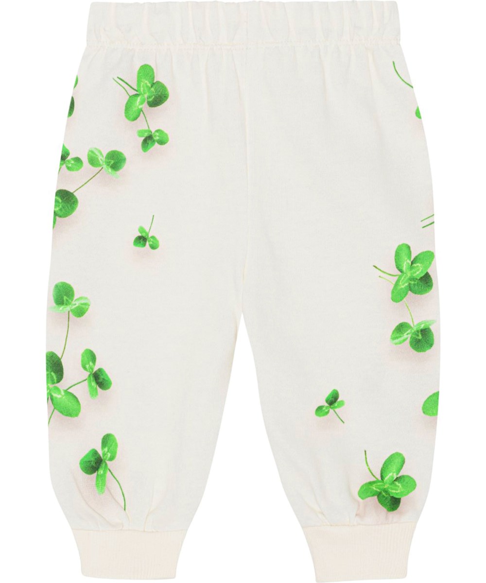 Simeon - Clovers - Off-white sweatpants for small children in organic cotton with clover print  