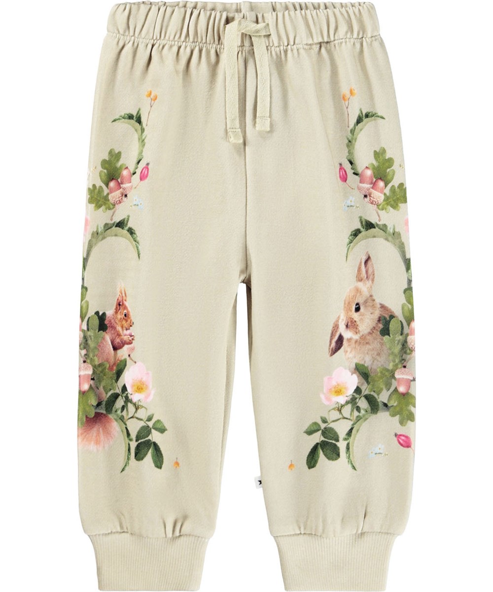 Simeon - Forest Squirrel - Soft light green pants for the little ones made of organic cotton with squirrels and flower print.