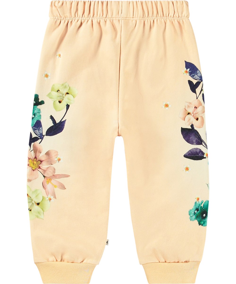 Simeon - Lovely Floral - Peach-coloured organic cotton sweatpants with elastic waistband and drawstring.