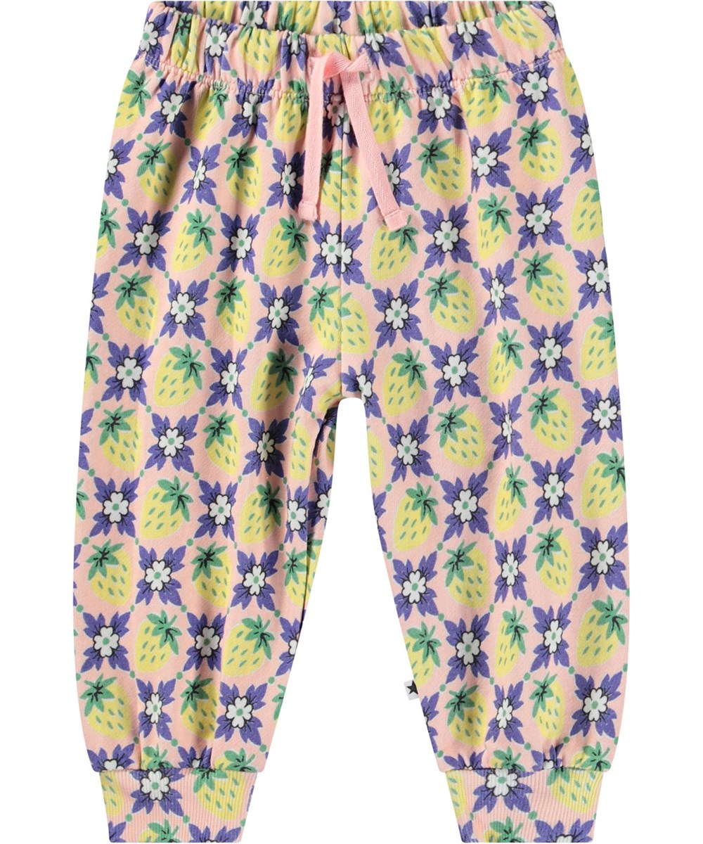 Simeon - Vintage Berries - Soft pants in organic cotton for baby. The pants feature a print of strawberries and flowers.