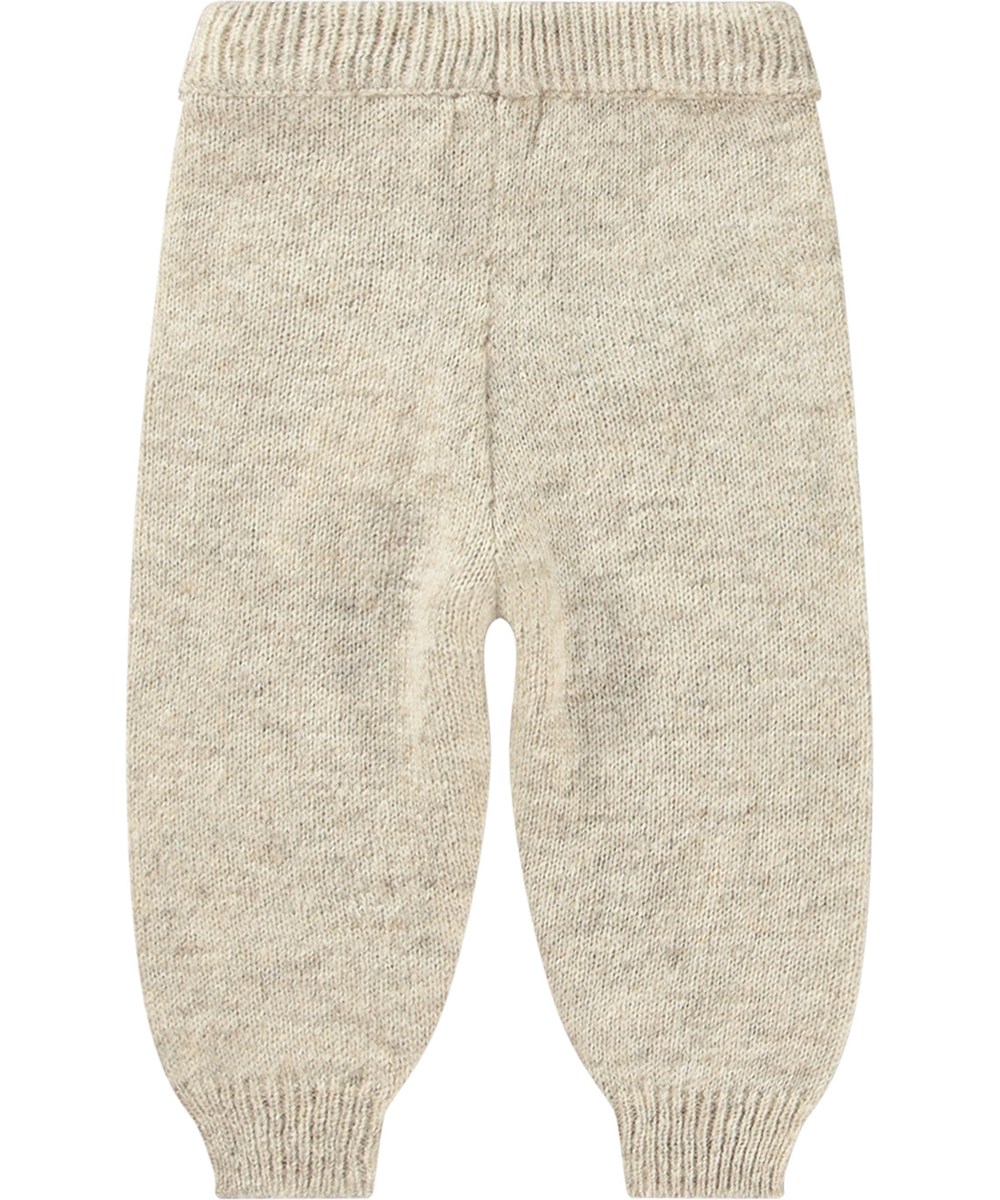 Sol - Kitten Knit - Light beige melange knitted trousers with ribbing and brown paw prints.