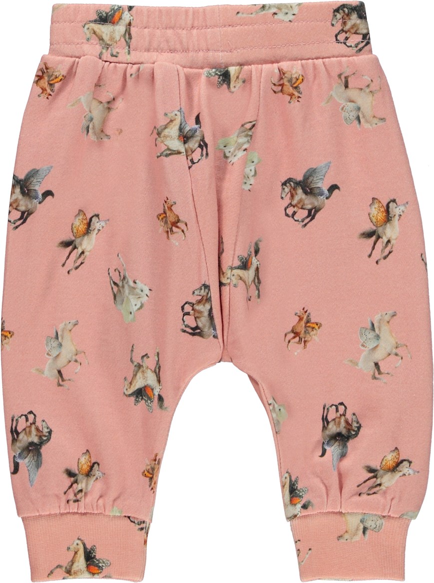 Sona - Fairy Horses Mini - Pink organic baby trousers in horse print 