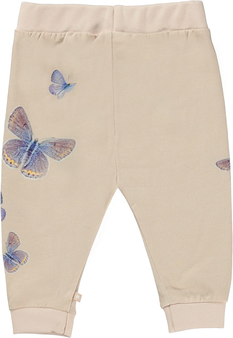 Susanne - Blue Butterflies - Pink organic baby trousers with blue butterflies 
