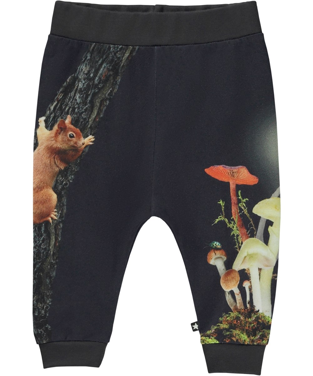 Susanne - Forest Fun - Dark blue baby trousers with squirrel and mushroom print