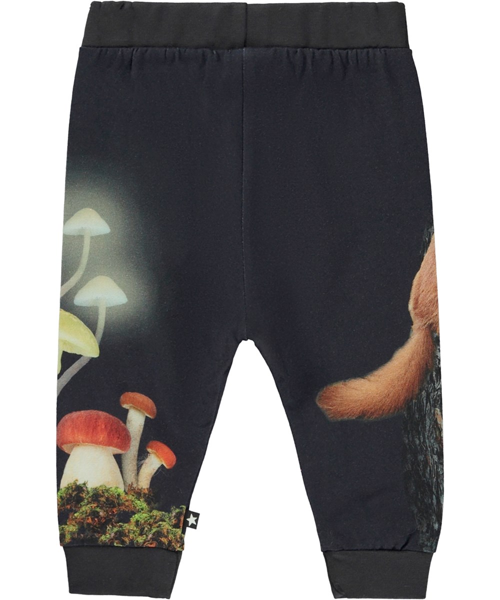 Susanne - Forest Fun - Dark blue baby trousers with squirrel and mushroom print