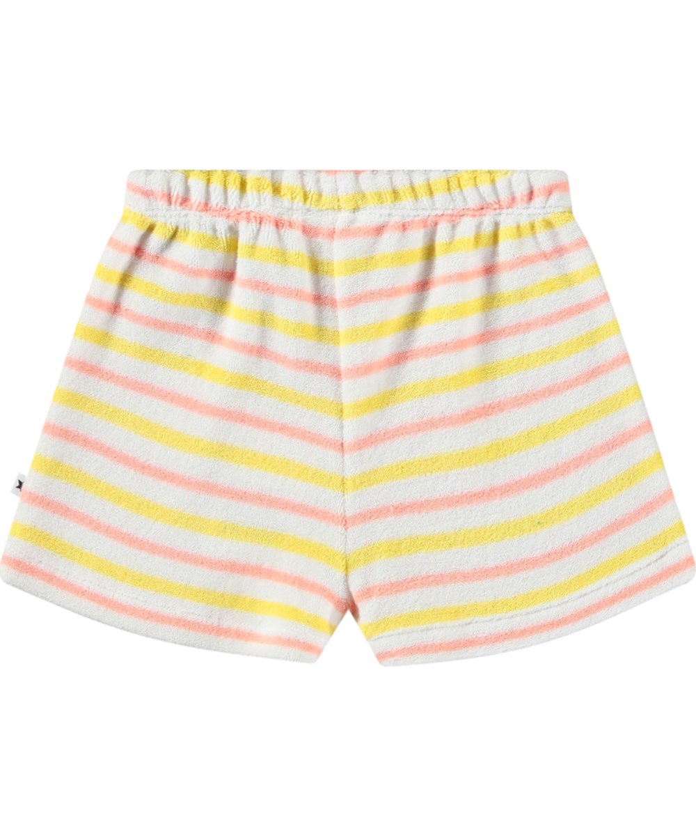Signe - Sun Melon Stripe - Shorts in soft cotton terry for baby. They are striped in white, yellow, and pink.