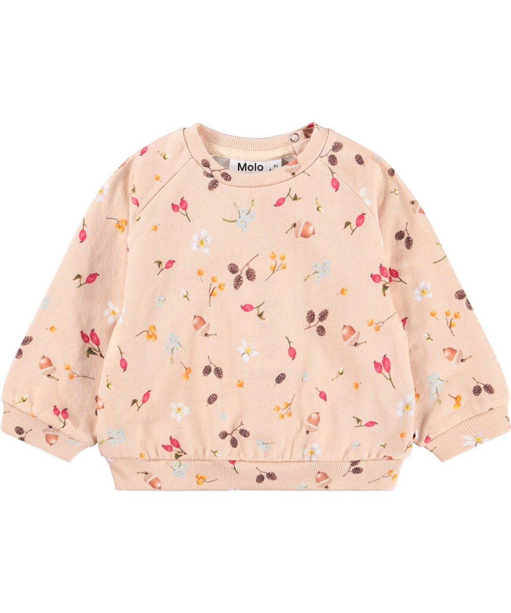 Disc - Foraging Rose - Organic rose baby sweatshirt with a print of nuts, flowers and berries.