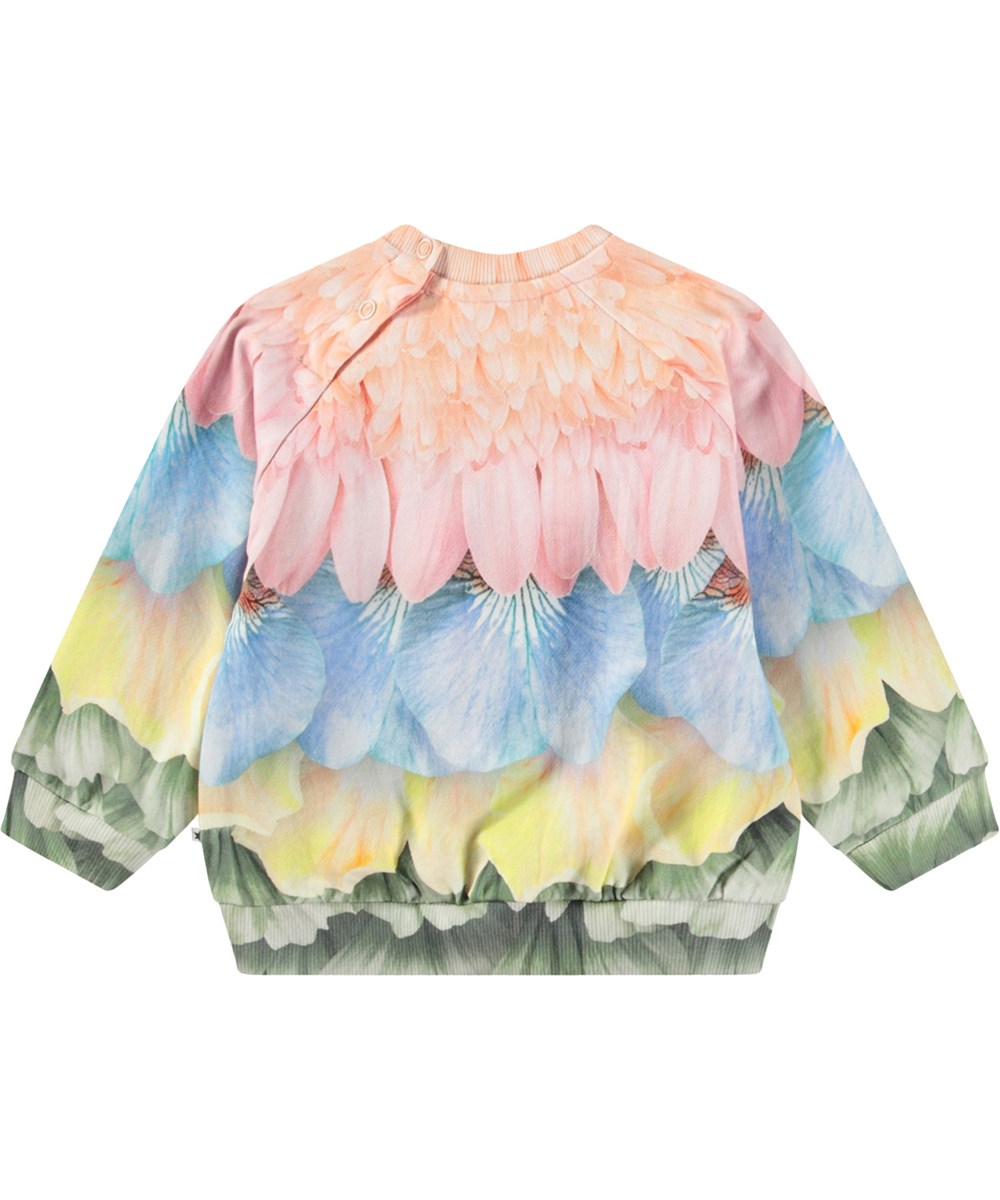 Disc - Petal Rainbow - Organic multicoloured baby sweatshirt with feather and leaf print.