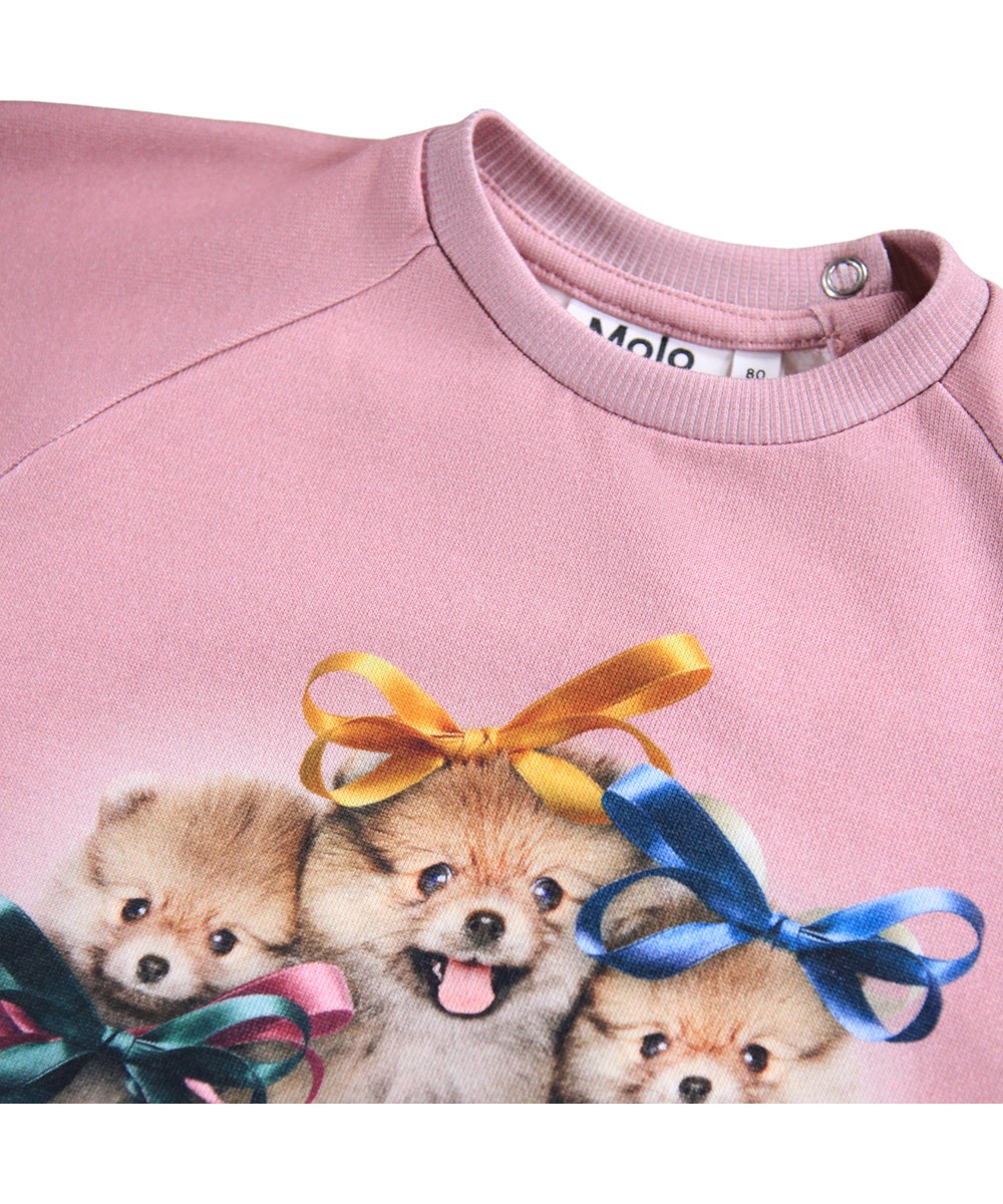 Disc - Ribbon Play - Organic dark pink baby sweatshirt with a print animals with bows on.