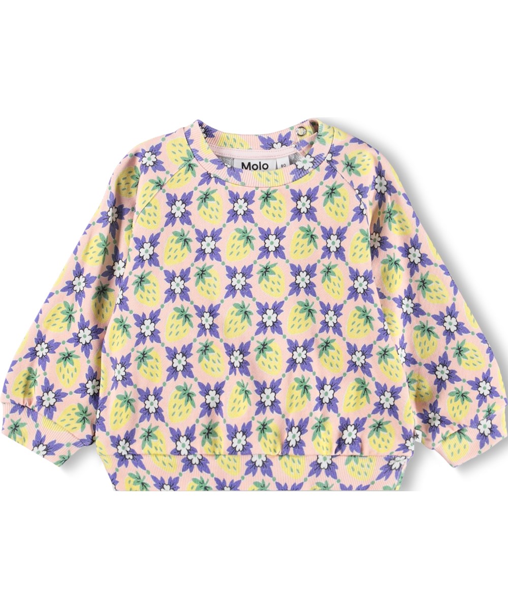 Disc - Vintage Berries - Organic pink baby sweatshirt with a print of purple flowers and yellow strawberries.